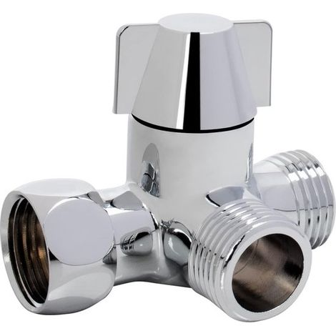 Vanne de dérivation - inverseur - 3 voies - G1/2" - Messing - Chrome - pour raccordement douchette et pommeau fixe - adaptateur pommeau de douche - composant salle de bain (1/5)