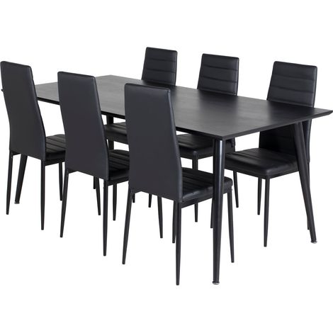 Dipp180x90BLBL Essgruppe Esstisch schwarz und 6 Slim High Back Esszimmerstühle PU Kunstleder schwarz.