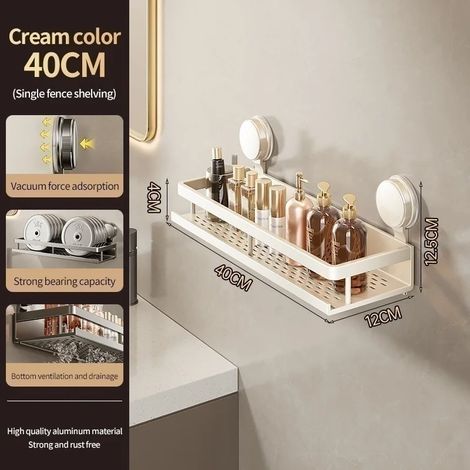 (XP Crème jaune 40 cm) Étagère de salle de bain adhésive à ventouses, sans perçage, en aluminium, à suspendre au mur. (1/5)