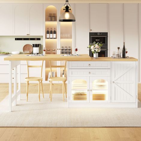 Îlot central de cuisine extensible avec coin repas (120-194 cm), plan pivotant à 360°, meuble avec portes en verre, tiroirs et rayonnages, finition blanc et noir (1/5)