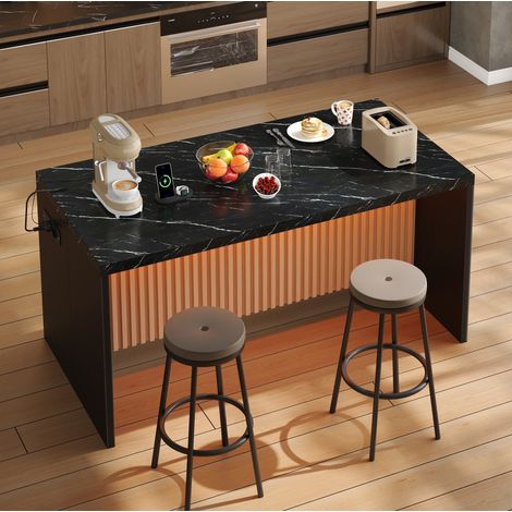 Isla de cocina 155x80x90 cm estilo industrial con LED, enchufes USB, encimera 40 mm, MDF y madera - negro