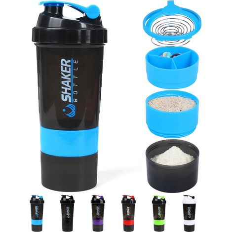 Gourde shaker à protéines, gourde de sport étanche pour shaker protéiné - Antidérapante 3 couches, 47 cl avec pilulier (Noir) Bleu (1/5)