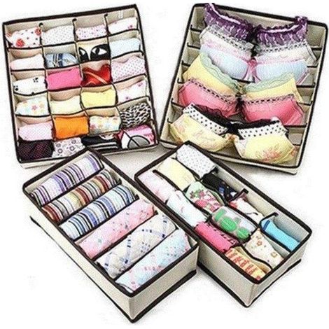 Lot de 4 boîtes de rangement pliables – Avec séparateurs pour tiroirs ou sous-lit – Compartiments pour soutiens-gorge, chaussettes et sous-vêtements – Gain de place (1/5)