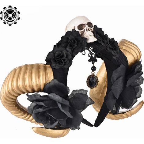 Realistisches Widderhorn-Schädelstirnband, goldenes Widderhorn-Stirnband, Haaraccessoire mit Vampir-Teufelshorn-Schleier aus Spitze, Gothic-Stirnband (1/5)