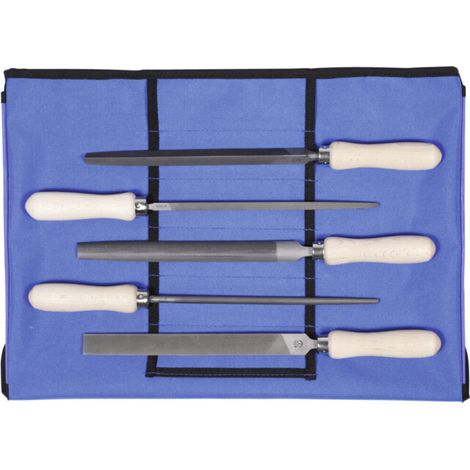 Dick Jeu de limes universelles 5 pièces, dans une trousse taille 2, avec manche en bois, Longueur sans queue: 200 mm 5 pièces