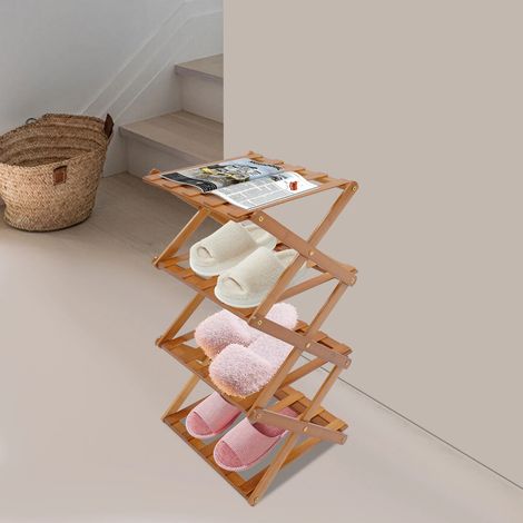 Faltbares Schuhregal, faltbare Schuhaufbewahrung aus Bambus, freistehendes Regal für Eingangsbereich, Schrank, Schlafzimmer, Flur, funktionale Multifunktion (braun, 4 Ebenen)