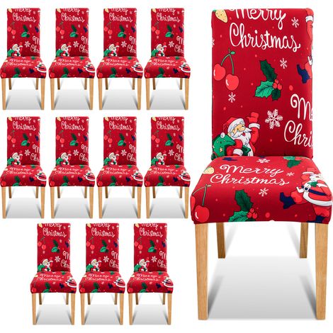 Randaco Housses de chaises Noël,Set de 12 housses de chaises Noël,Housse de chaise stretch amovible et lavable pour chaises de salle à manger,Chaise Stretch avec élastique pour salle à manger (1/5)