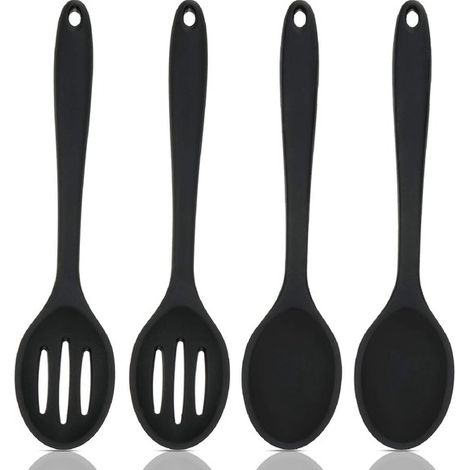 Set di 4 cucchiai da cucina antiaderenti in silicone, 20,3 × 4,5 cm, utensili per mescolare, cuocere al forno e cucinare (nero) (1/5)