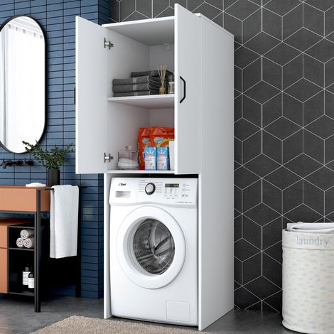 Conjunto Muebles para Lavandería Schianno, Almacenaje: 2 Estantes, 3 Compartimentos, Puerta Abatible, Blanco (1/5)