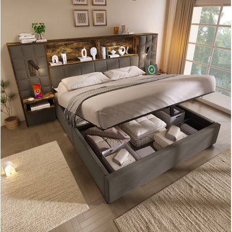 Lit capitonné vintage 160x200 cm gris en lin avec coffre, tête de lit étagère, liseuses, USB-C et chevets intégrés (1/5)