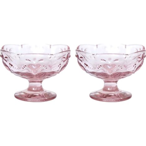 Lot de 2 bols à dessert en verre rose avec motif cœur et base – Bols élégants pour crème glacée et pudding, élégants et réutilisables (1/5)