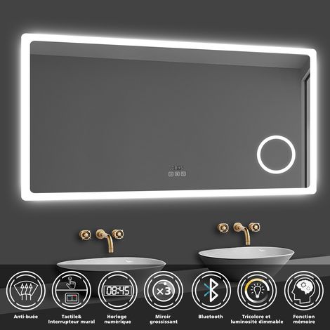 Acezanble – Miroir salle de bain LED 100 x 60 cm – Bluetooth – 3 couleurs – Dimmable – Anti-buée – Grossissant 3x – Horloge