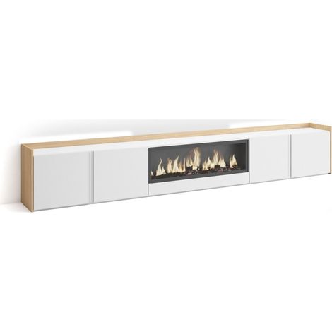 Skraut Home - Mueble TV, Televisión, Muebles de salón, almacenaje, 315x35x50cm, Para TV hasta 80", Chimenea eléctrica XXL, LED, Estilo Moderno, Blanco y roble soft (1/5)