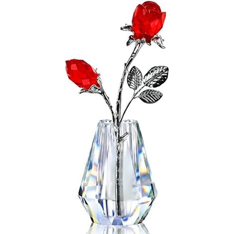 H&D Hyaline & Dora Kristallrote Rosen,Glasrosen Blumenfigur mit silberner Stange,Für Immer Kristallrose Briefbeschwerer,Romantisches Geschenk für Sie/Frau/Mutter/Frauen,Valentinstagsgeschenke für Sie (1/5)