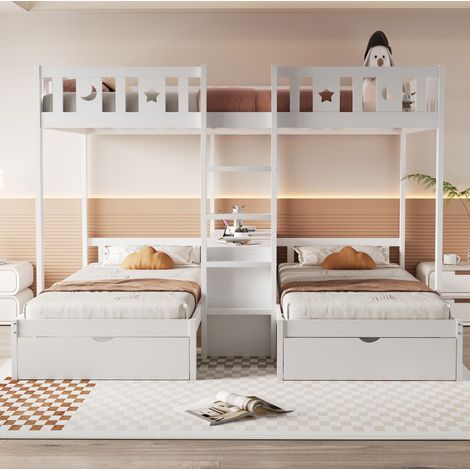 Lit superposé triple en bois blanc 140x200 + 2x90x200 cm, avec échelle, tiroirs et rangements (1/5)