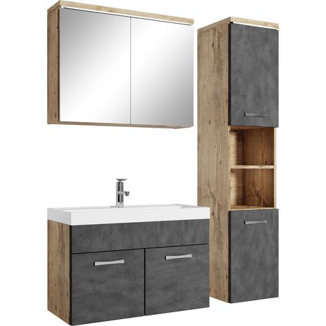 Mobile da bagno Paso 80cm Rovere Castagno con Grigio - armadio mobiletto lavabo (1/5)