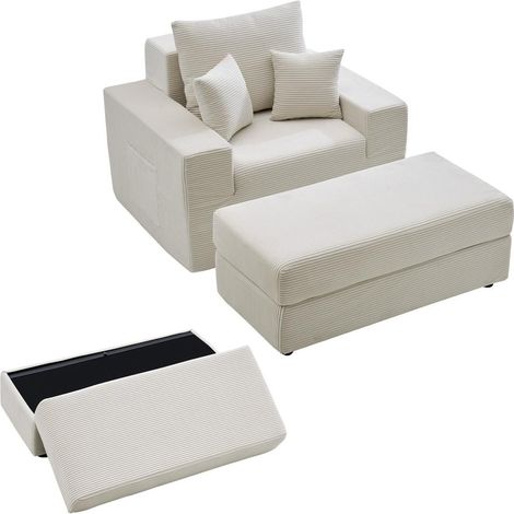 Confort et Rangement Intégré Fauteuil Convertible Canapé Lit Modulaire 1115 mm Méridienne Velours Côtelé Salon Chambre Beige (1/5)