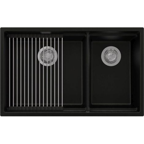 PRIMAGRAN Evier Cuisine en Granit 76x47cm,Lavabo 2 bacs + Kit de Vidage + Égouttoir Enroulable, Évier à Encastrer au meuble 80cm - Prague Slim Duo, Noir