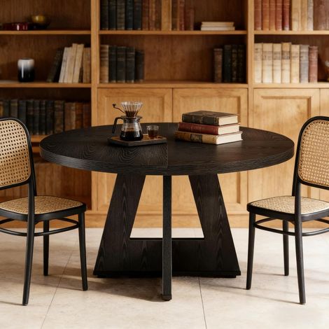 REDOM - Mesa de comedor redonda 120x120x75 cm, para 4 personas, estilo rústico, madera de ingeniería negra (1/5)