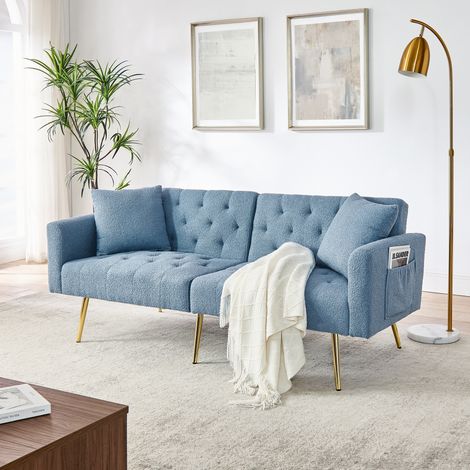 Canapé droit confortable pour salon - Canapé 2 places tissu bouclé Teddy – Dossier inclinable 3 positions – Pieds métal doré – 177x78x74 cm – Bleu (1/5)