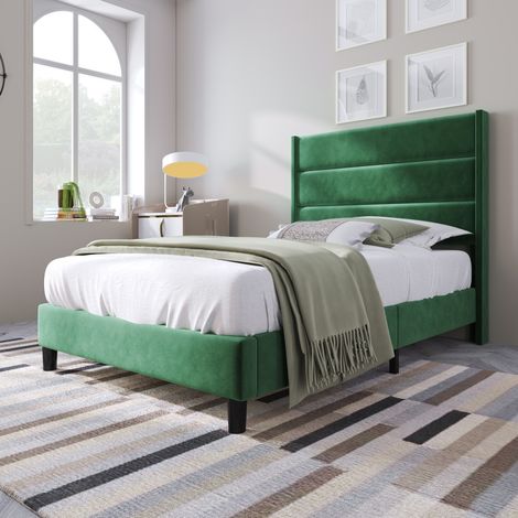 Cama tapizada 90x200 cm con cabecero acolchado, somier incluido, diseño moderno en terciopelo verde oscuro y patas con protectores, ideal para dormitorio CHICFURN (1/5)