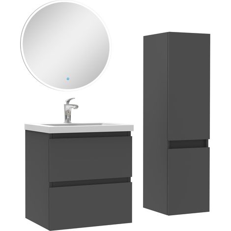 Ensemble meubles Salle de Bain 50cm vasque + colonne + miroir rond lumineux Anthracite