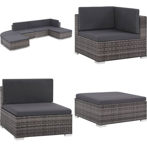6-tlg. Garten-Lounge-Set mit Kissen Poly Rattan Grau - Gartensortiment - Lounge Möbel - Outdoor Sofa - Rattan Gartenmöbel - Gartenstuhl - Home & Living