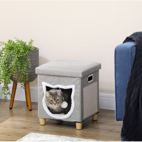 Cuccia per gatto tipo ottomana con cuscino, tiragraffi, palla, antiscivolo, grigio OKMYHOME (1/5)