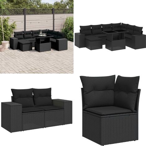 Salon de jardin 8 pcs avec coussins noir résine tressée - Salon De Jardin - Meuble Extérieur - Set Salon - Résine Tressée - Mobilier De Jardin - Home & Living (1/5)