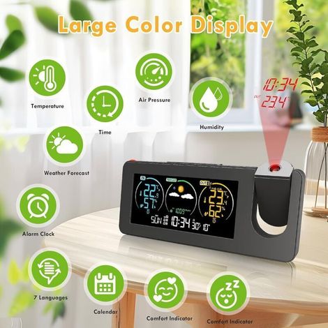 Station météorologique sans fil avec capteur extérieur, écran LCD, prévisions météorologiques,température,réveil avec fonction de répétition, station météo avec projection, pour intérieur et extérieur (1/3)