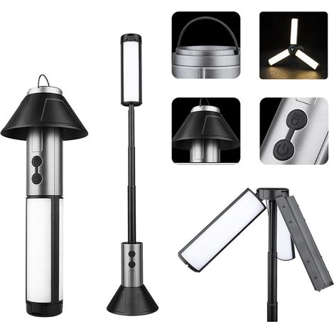Lampe de camping rechargeable 5000mAh avec support, hauteur jusqu'à 53cm, 3 têtes LED, intensité variable. (1/5)