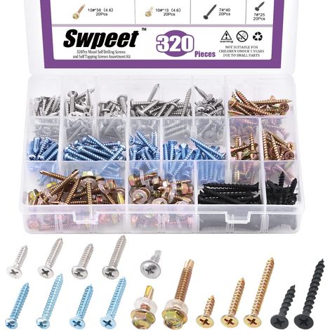 320 pièces 16 styles différents mélangés vis autoforeuses et autotaraudeuses kit d'assortiment de vis pour bois, polyvalent pour vis à bois, vis pour tôle et vis pour cloisons sèches (1/5)