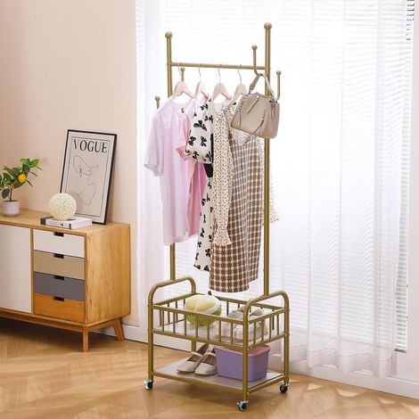 Portant à vêtements mobile avec 4 crochets et double panier de rangement, pour chambre, salle de bain, balcon ou bureau (doré) (1/5)