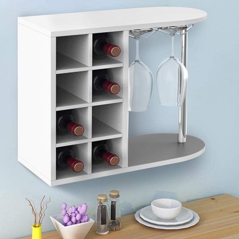 Étagère Cave à Bouteilles à vin pour spiritueux Mural ou Table, Structure en Bois Cave avec 2 étagères 8 Places Porte-Bouteilles et Porte-gobelets en métal 42 x 52 x 28 cm (Blanc) (1/5)