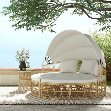 Isla de jardín 178x85x66.5 cm, sofá con dosel extensible, 4 piezas, ratán, blanco crema (1/5)