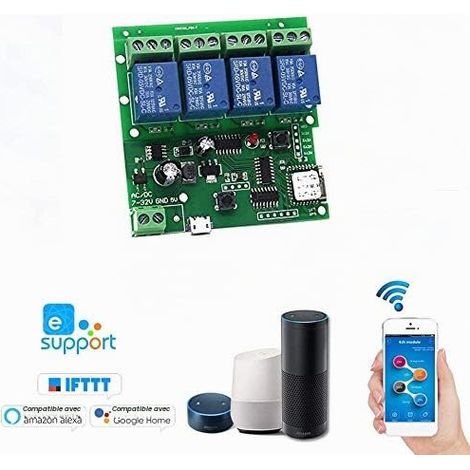 WiFi Momentary Relay 4 Channel Self Secure Switch Module DIY WiFi Garage Door Controller (5-32V) (1/4)