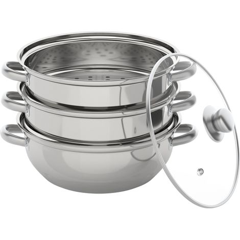 Cuit-vapeur 3 étages en acier inoxydable – Marmite à vapeur empilable avec couvercle en verre – Compatible tous feux dont induction – Passe au lave-vaisselle (1/5)