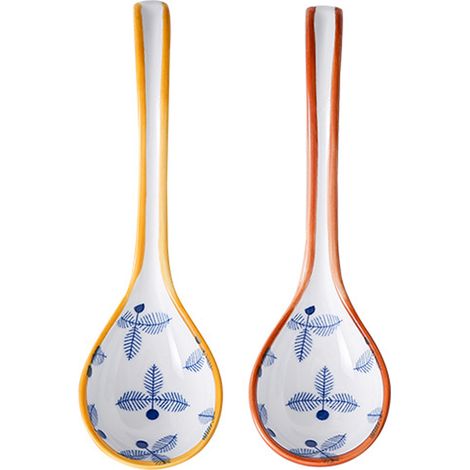 2 cuillères à soupe en céramique, manche long et incurvé, porcelaine sous-glacée, idéales pour nouilles, raviolis et soupes asiatiques