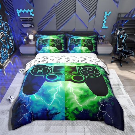 Parure de lit avec housse de couette 135 x 200 cm, motif manette de jeu flash, bleu et vert, pour garçons, filles, adolescents (1/5)