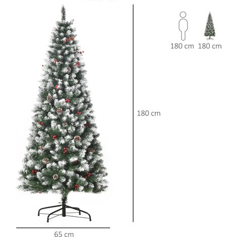 Sapin de Noël artificiel enneigé de 180 cm de haut (avec baies rouges et pommes de pin blanches), base pliable amovible, 618 branches. (1/5)