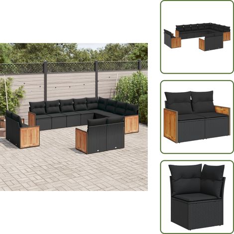 The Living Store Salon de jardin 12 pcs avec coussins noir résine tressée - Ensemble Salon De Jardin - Meuble Extérieur - Salon De Jardin Design - Fauteuil De Jardin - Table Basse Jardin