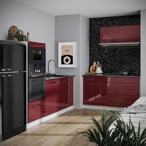 Cocina Fame-Line, Rojo Burdeos alto brillo/Blanco, 340 cm, ET Mármol, Vicco (1/5)