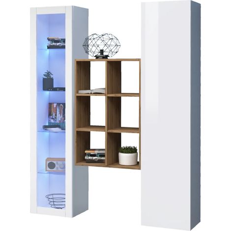 Mobile Soggiorno Colonna Vetrina Libreria Bianco Rovere a Parete (1/5)