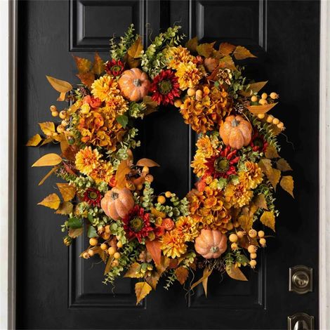 Couronne de porte 40 cm aux couleurs de l’automne – Hortensias et citrouilles artificiels, décoration de récolte pour entrée, mariage, fenêtre et extérieur (1/5)