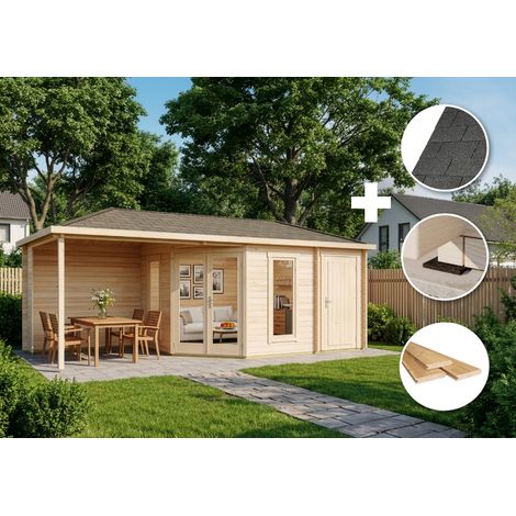 ECO Set - Abri de jardin pentagonal Liwa avec annexe Naturel , 28 mm Épaisseur paroi 728 x 317 cm (1/4)