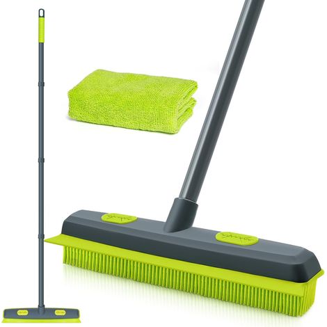 Balai Caoutchouc Brosse avec Raclette, Enlève les Poils Animaux de Compagnie, Silicone Broom Manche Long 140 cm pour Nettoyer Tapis Fenêtres Carrelage et Sols en Bois Dur (Vert) (1/5)
