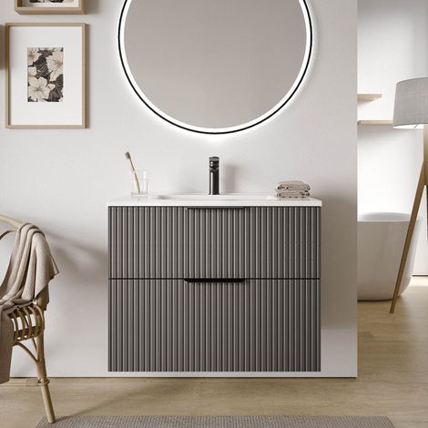BERNSTEIN - Mobile lavabo da bagno in antracite opaco con nervature 80x46x62cm (LxPxA) 2 cassetti, maniglie nero opaco - TIM80	Nero opaco, Profilato antracite opaco
