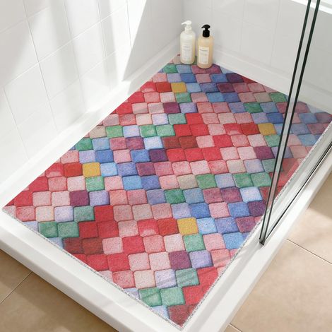 Tapis de douche antidérapant 80 x 120 cm – Tapis de bain doux et confortable avec trous de drainage, tapis de massage en luffa PVC antidérapant pour douche, séchage rapide (1/5)