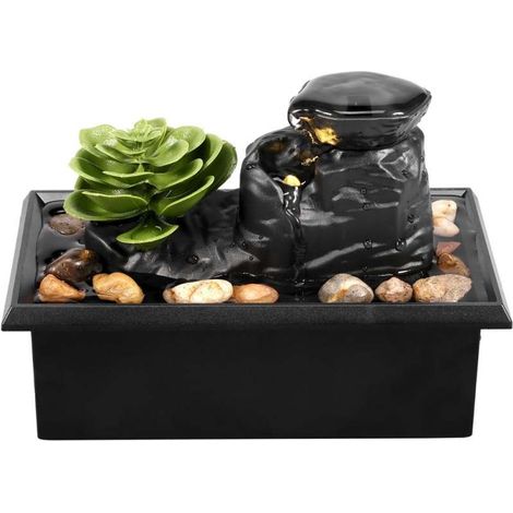 Fuente de agua de mesa con iluminación, doble alimentación (batería/USB), mini fuente de agua para interiores, color negro.
