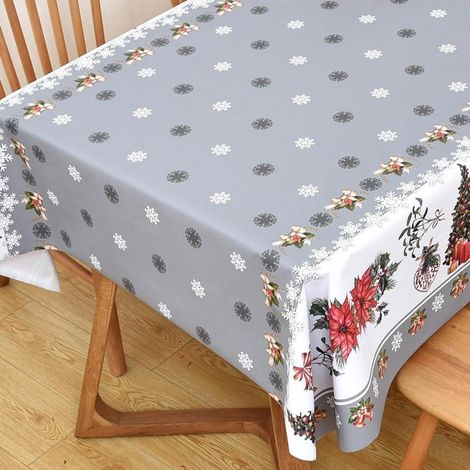 Nappe de Noël 137x137cm PVC lavable gris hydrofuge carrée